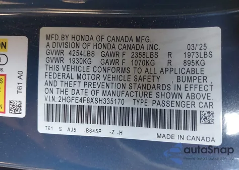 2025 Honda Civic Hybrid Sport/Sport Touring z USA, uszkodzony, nr VIN 2HGFE4F8XSH335170